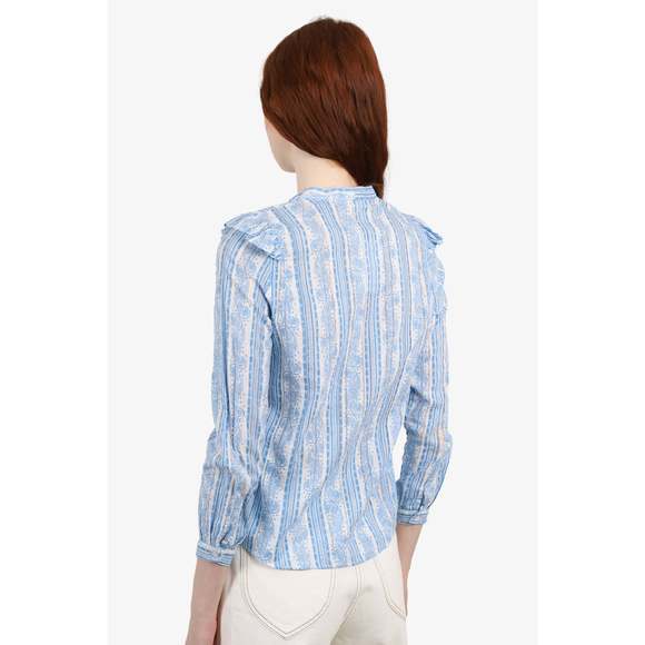 Claudie Pierlot Blue/White Printed Ruffle-Trimmed Blouse - Picture 3 of 3
